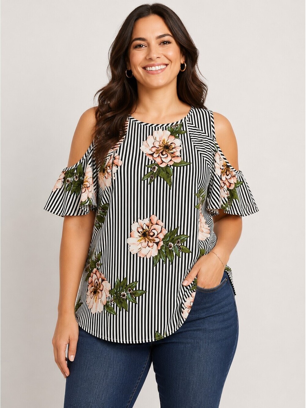 Truth Women’s 1X Floral Striped Cold Shoulder Ruffle Sleeve Blouse